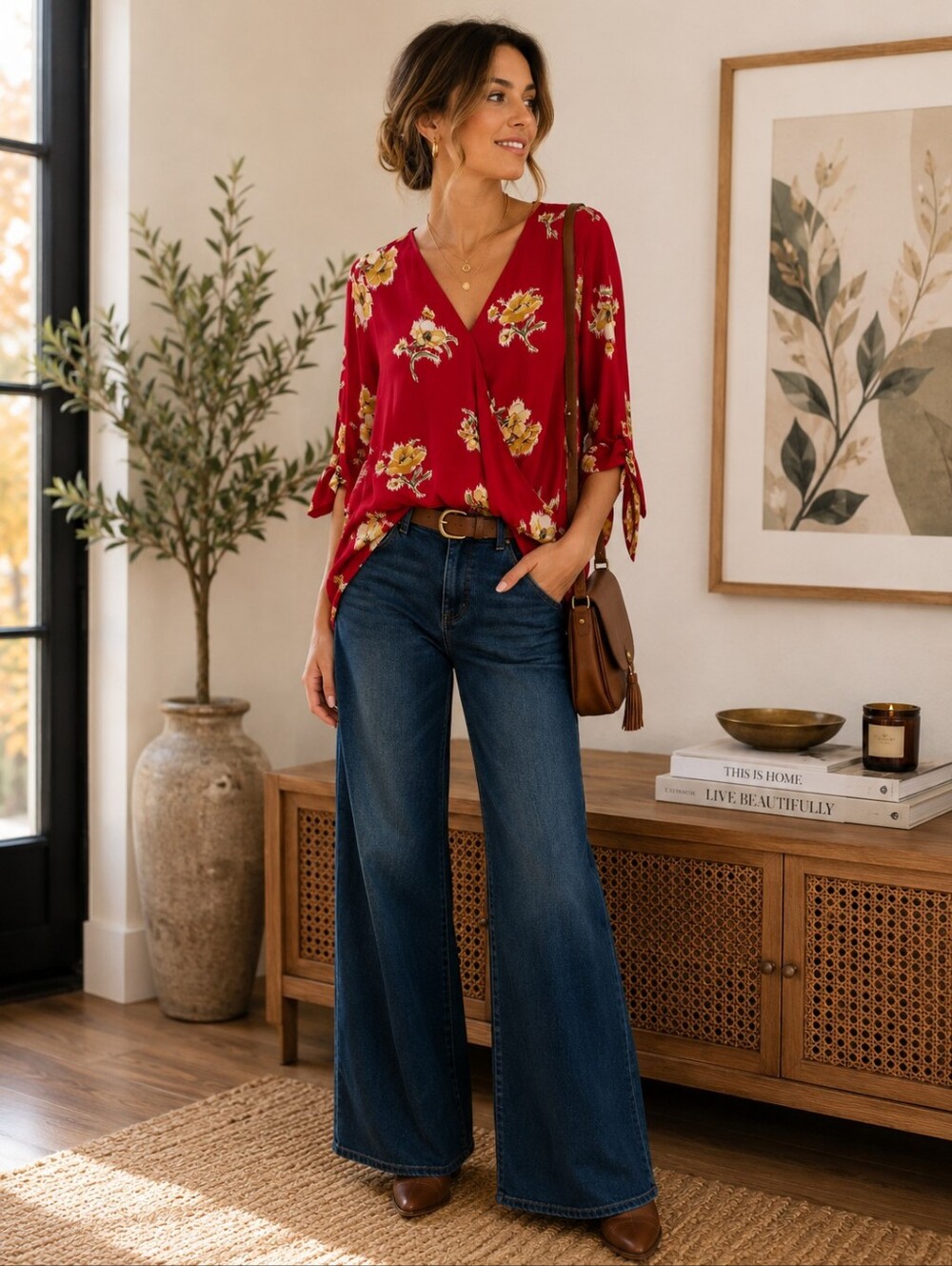 West Kei Red Floral Wrap Blouse Size S Tie Sleeve High Low Top